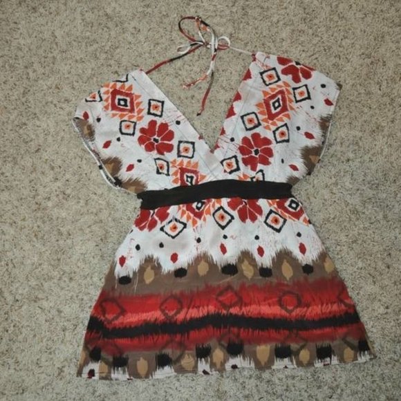 Womens Blouse Wrapper White Multi Floral Small V-Neck Shirt Tie Back Cap Sleeve - Picture 1 of 4